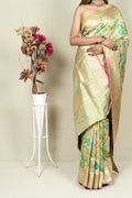 Exquisite Green Banarasi Handloom Meenakari Pure Katan Silk Jangla Kadwa Weaved Saree - Luxurion World