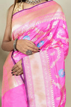 Elegant Pink Banarasi Handloom Meenakari Pure Katan Silk Jangla Kadwa Weaved Saree - Luxurion World