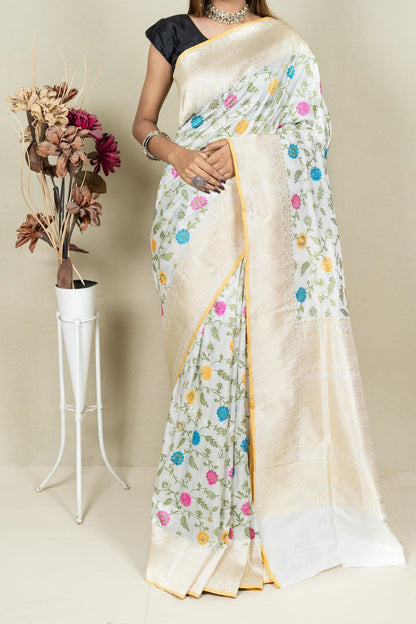 Elegant Off White Banarasi Handloom Meenakari Pure Katan Silk Jangla Kadwa Weaved Saree - Luxurion World