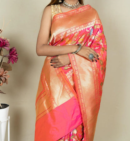Elegant Pink Banarasi Handloom Meenakari Pure Katan Silk Jangla Kadwa Weaved Saree - Luxurion World