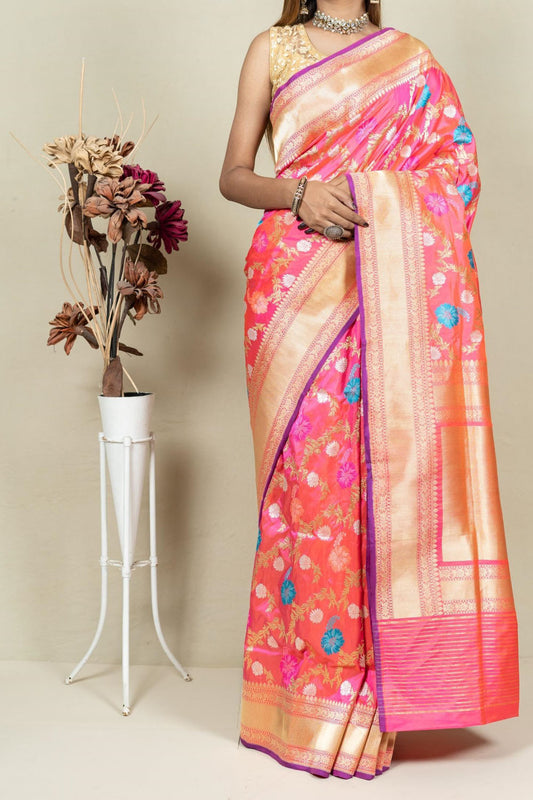 Elegant Pink Banarasi Handloom Meenakari Pure Katan Silk Jangla Kadwa Weaved Saree - Luxurion World