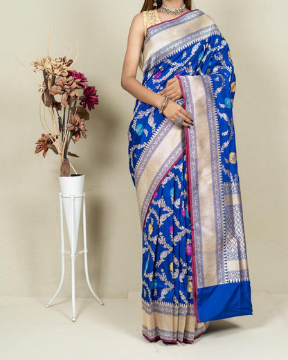 Elegant Blue Banarasi Handloom Meenakari Pure Katan Silk Jangla Kadwa Weaved Saree - Luxurion World