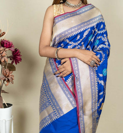 Elegant Blue Banarasi Handloom Meenakari Pure Katan Silk Jangla Kadwa Weaved Saree - Luxurion World