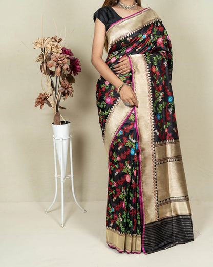 Elegant Black Banarasi Handloom Meenakari Pure Katan Silk Jangla Kadwa Weaved Saree - Luxurion World