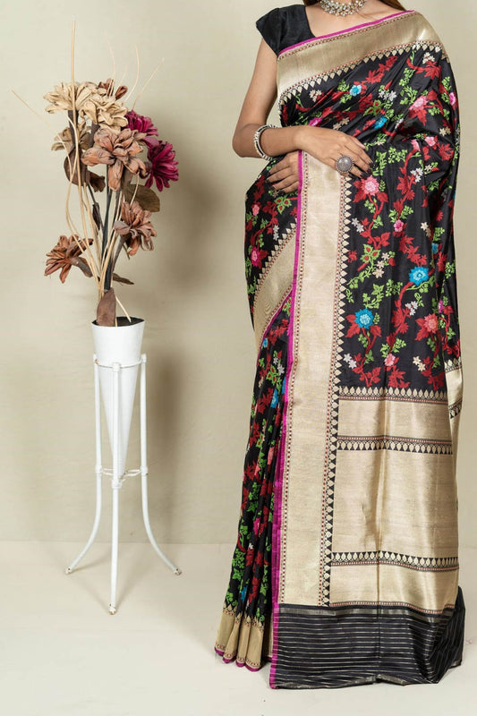 Elegant Black Banarasi Handloom Meenakari Pure Katan Silk Jangla Kadwa Weaved Saree - Luxurion World