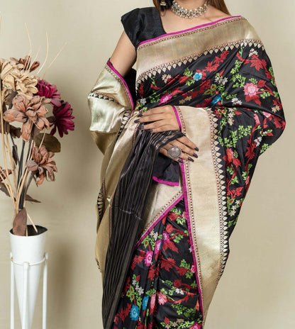 Elegant Black Banarasi Handloom Meenakari Pure Katan Silk Jangla Kadwa Weaved Saree - Luxurion World