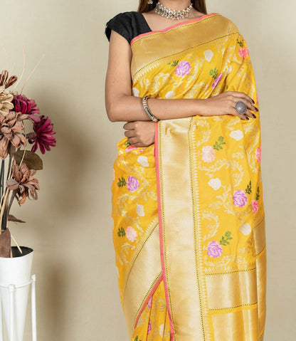 Yellow Banarasi Handloom Meenakari Pure Katan Silk Jangla Kadwa Weaved Saree - Luxurion World
