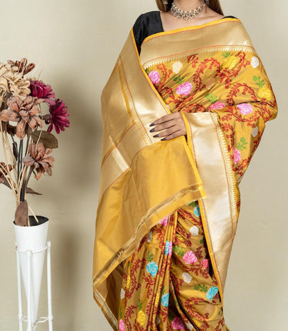 Yellow Banarasi Handloom Meenakari Pure Katan Silk Jangla Kadwa Weaved Saree - Luxurion World