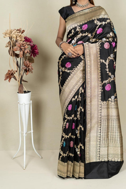 Elegant Black Banarasi Handloom Meenakari Pure Katan Silk Jangla Kadwa Weaved Saree - Luxurion World