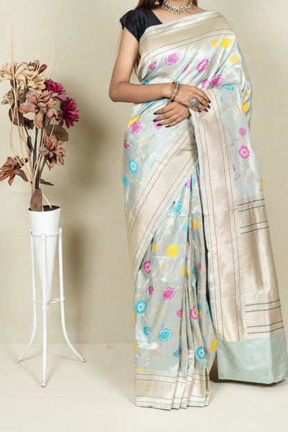 Elegant Grey Banarasi Handloom Meenakari Pure Katan Silk Jangla Kadwa Weaved Saree - Luxurion World