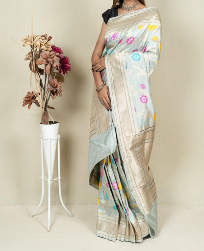 Elegant Grey Banarasi Handloom Meenakari Pure Katan Silk Jangla Kadwa Weaved Saree - Luxurion World