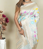 Elegant Grey Banarasi Handloom Meenakari Pure Katan Silk Jangla Kadwa Weaved Saree - Luxurion World