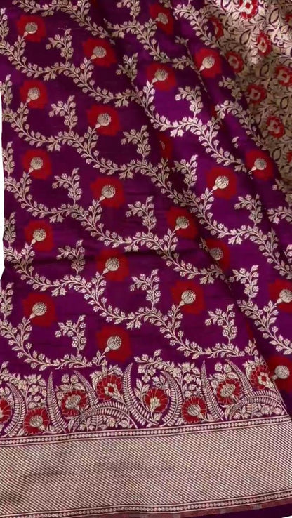 Elegant Purple Banarasi Handloom Meenakari Pure Katan Silk Weaved Jaal Work Saree - Luxurion World