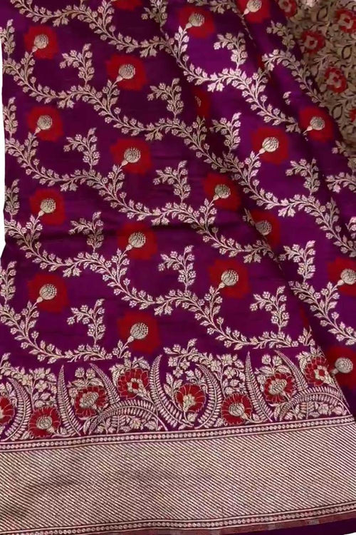 Elegant Purple Banarasi Handloom Meenakari Pure Katan Silk Weaved Jaal Work Saree - Luxurion World