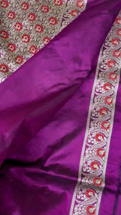 Elegant Purple Banarasi Handloom Meenakari Pure Katan Silk Weaved Jaal Work Saree - Luxurion World