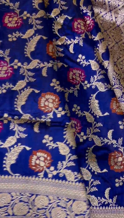 Elegant Blue Banarasi Handloom Meenakari Pure Katan Silk Weaved Jaal Work Saree - Luxurion World