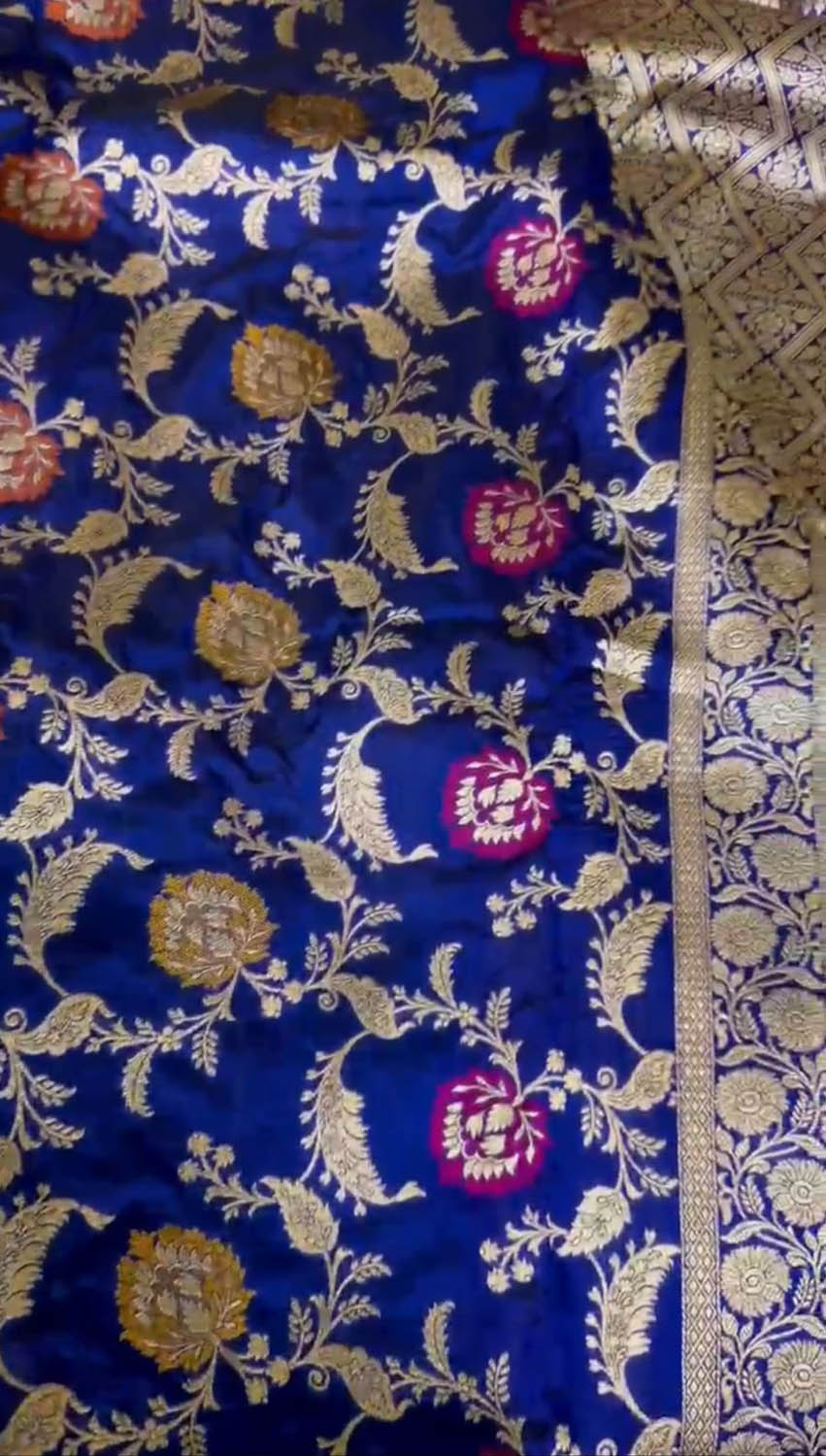 Elegant Blue Banarasi Handloom Meenakari Pure Katan Silk Weaved Jaal Work Saree - Luxurion World
