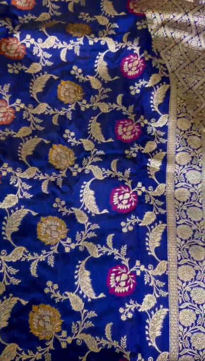 Elegant Blue Banarasi Handloom Meenakari Pure Katan Silk Weaved Jaal Work Saree - Luxurion World