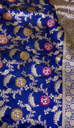 Elegant Blue Banarasi Handloom Meenakari Pure Katan Silk Weaved Jaal Work Saree - Luxurion World