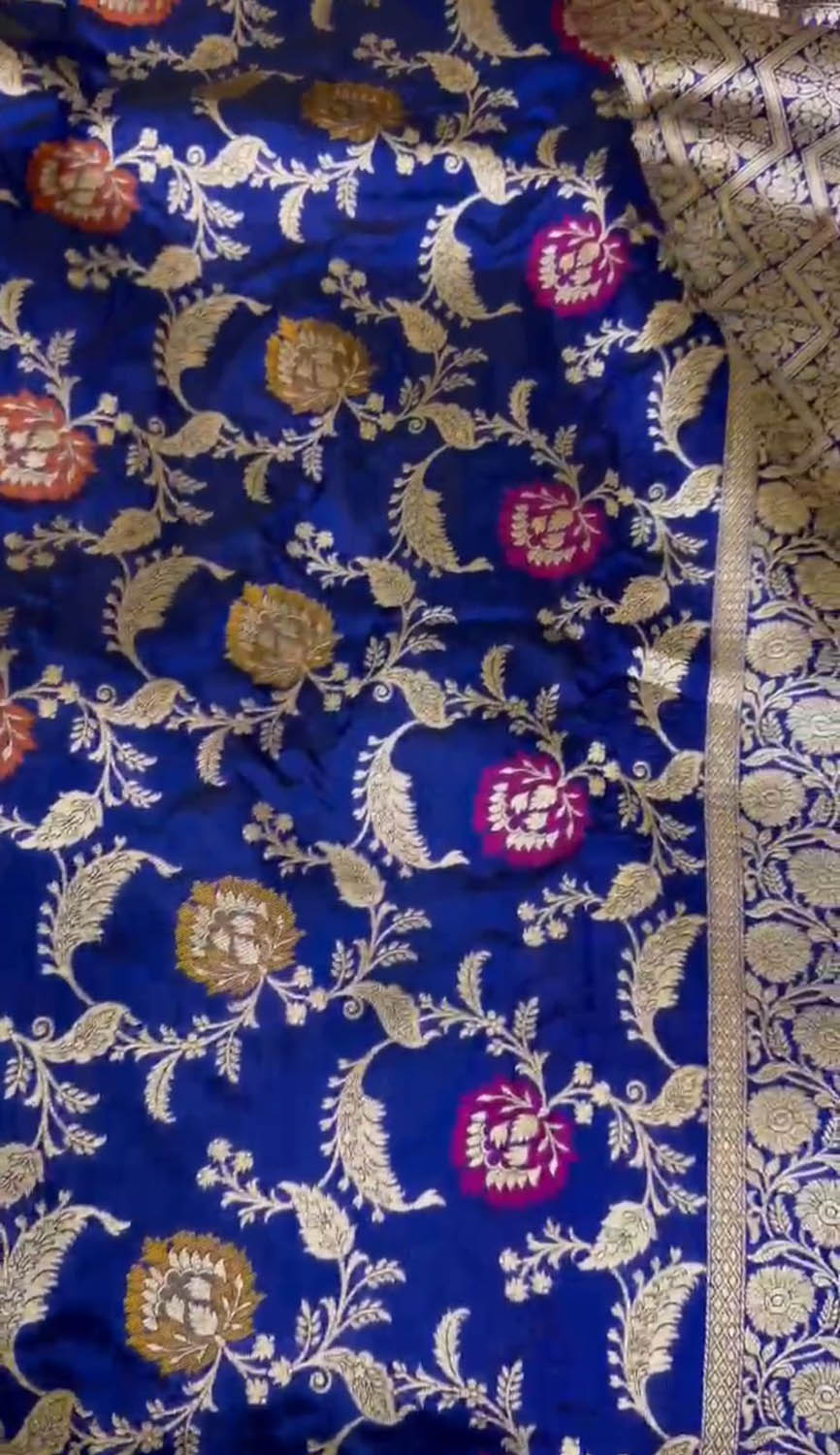 Elegant Blue Banarasi Handloom Meenakari Pure Katan Silk Weaved Jaal Work Saree - Luxurion World