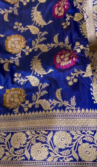 Elegant Blue Banarasi Handloom Meenakari Pure Katan Silk Weaved Jaal Work Saree - Luxurion World