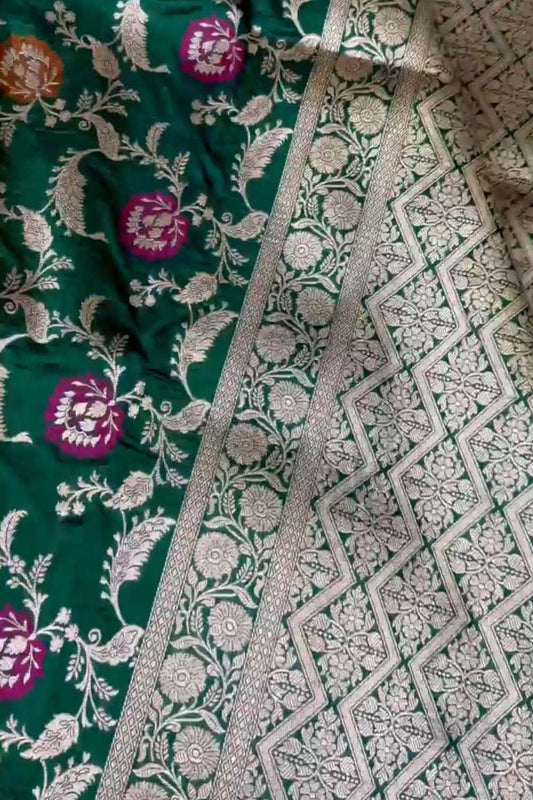 Exquisite Green Banarasi Handloom Meenakari Pure Katan Silk Weaved Jaal Work Saree - Luxurion World