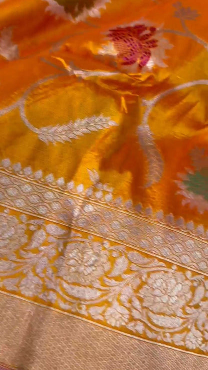 Yellow Banarasi Handloom Meenakari Pure Katan Silk Weaved Jaal Work Saree - Luxurion World