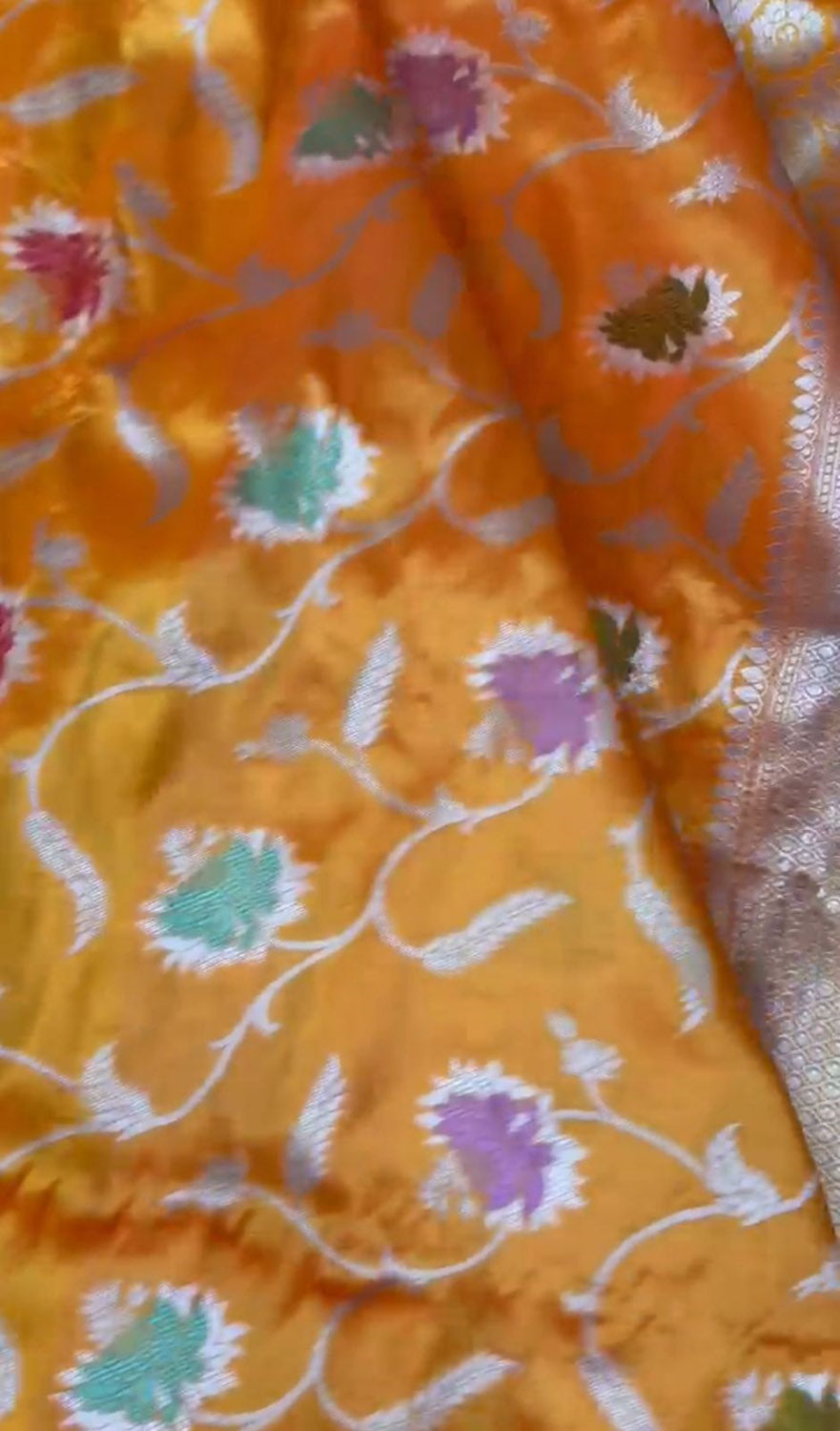 Yellow Banarasi Handloom Meenakari Pure Katan Silk Weaved Jaal Work Saree - Luxurion World