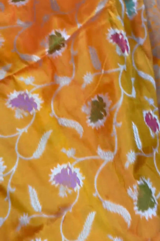 Yellow Banarasi Handloom Meenakari Pure Katan Silk Weaved Jaal Work Saree - Luxurion World