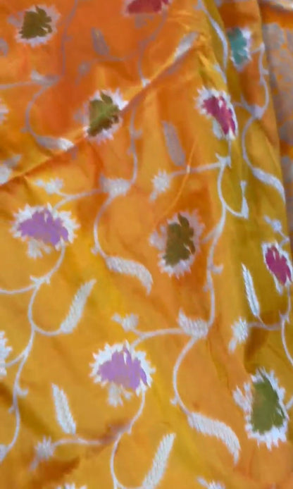 Yellow Banarasi Handloom Meenakari Pure Katan Silk Weaved Jaal Work Saree - Luxurion World