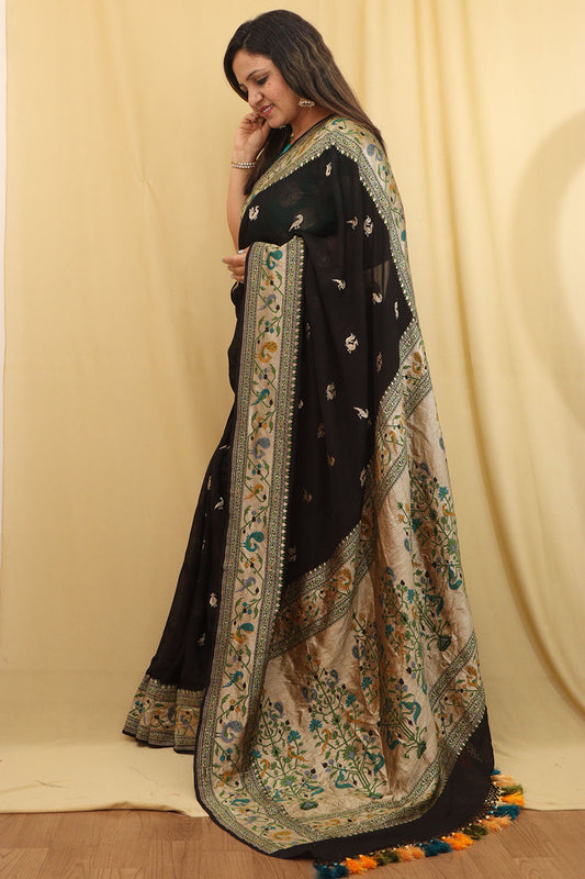 Exquisite Black Banarasi Georgette Saree with Paithani Border - Luxurion World