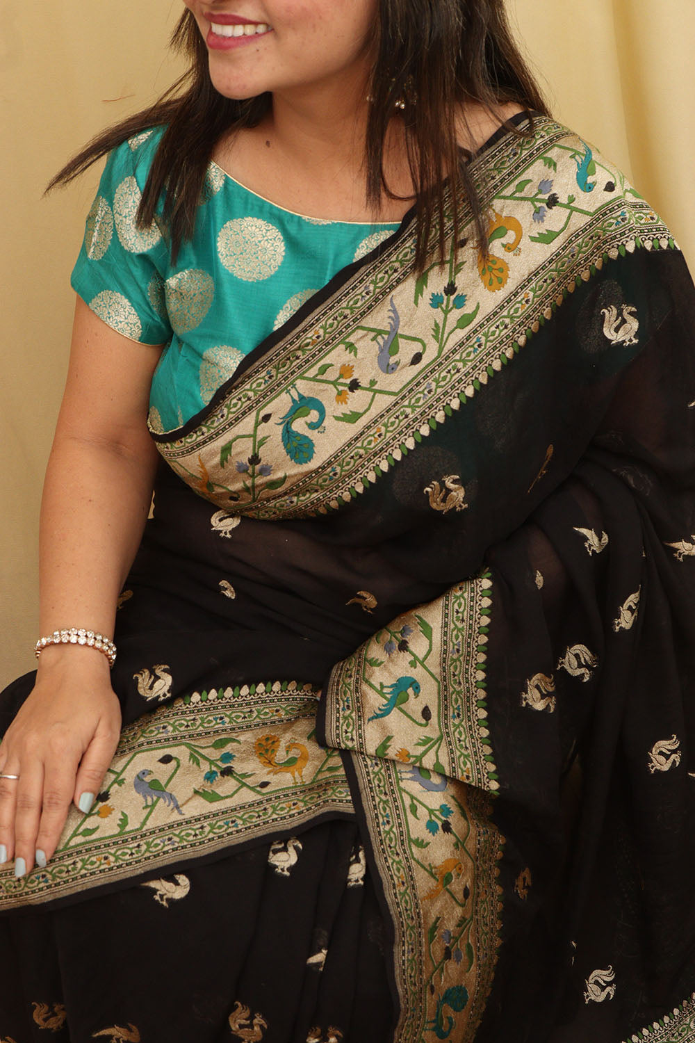 Exquisite Black Banarasi Georgette Saree with Paithani Border - Luxurion World
