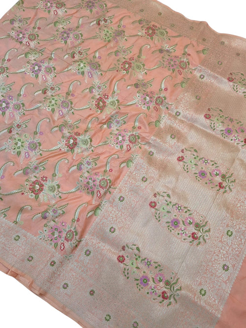 Peach Handloom Banarasi Pure Katan Silk Meenakari Saree - Luxurion World