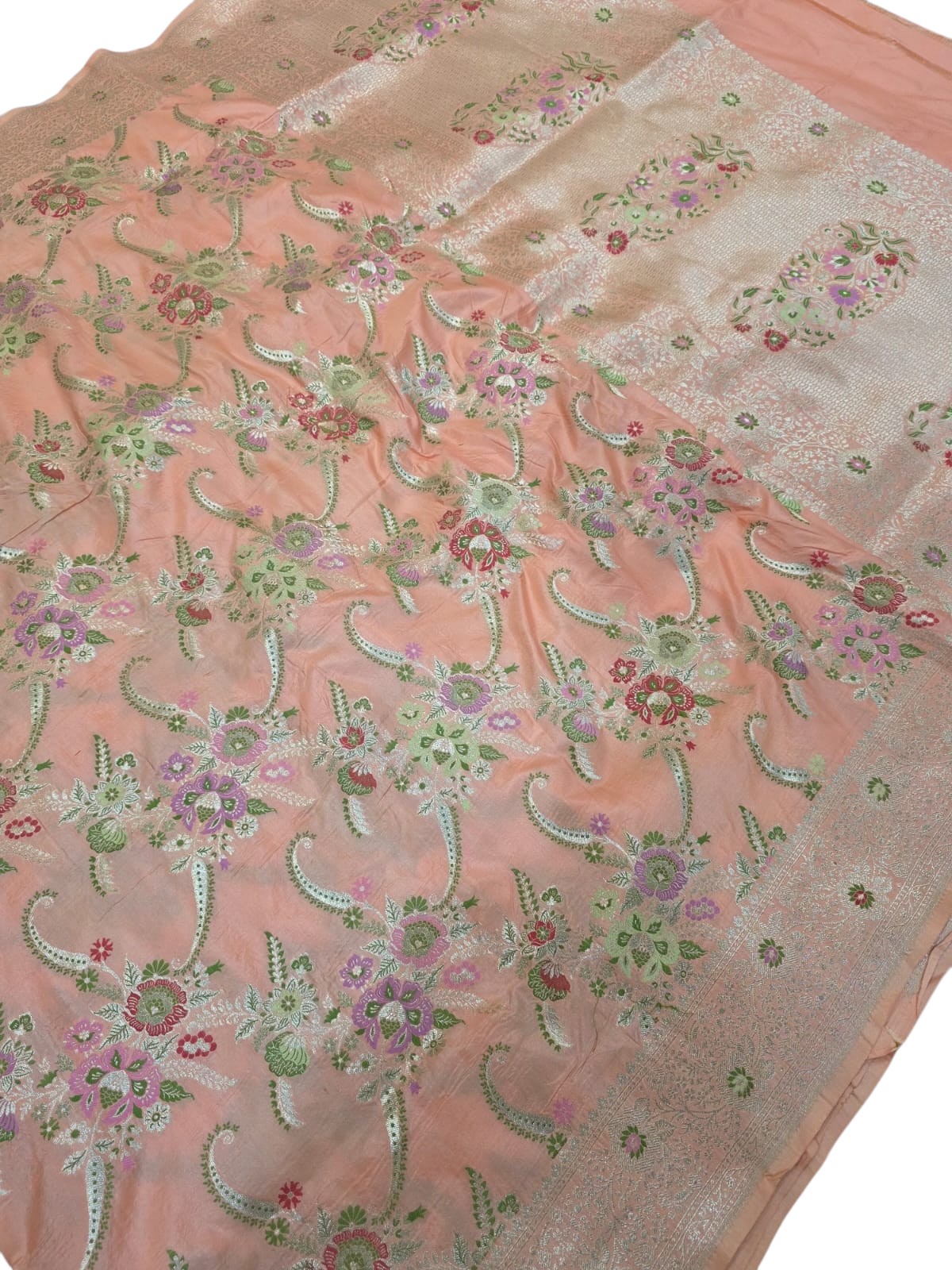 Peach Handloom Banarasi Pure Katan Silk Meenakari Saree - Luxurion World