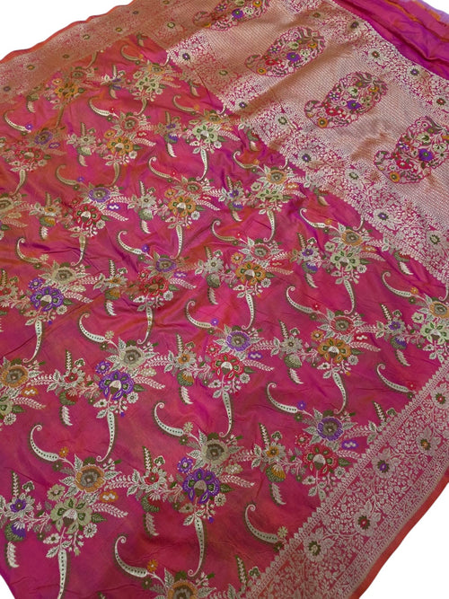 Pink Handloom Banarasi Pure Katan Silk Meenakari Saree - Luxurion World