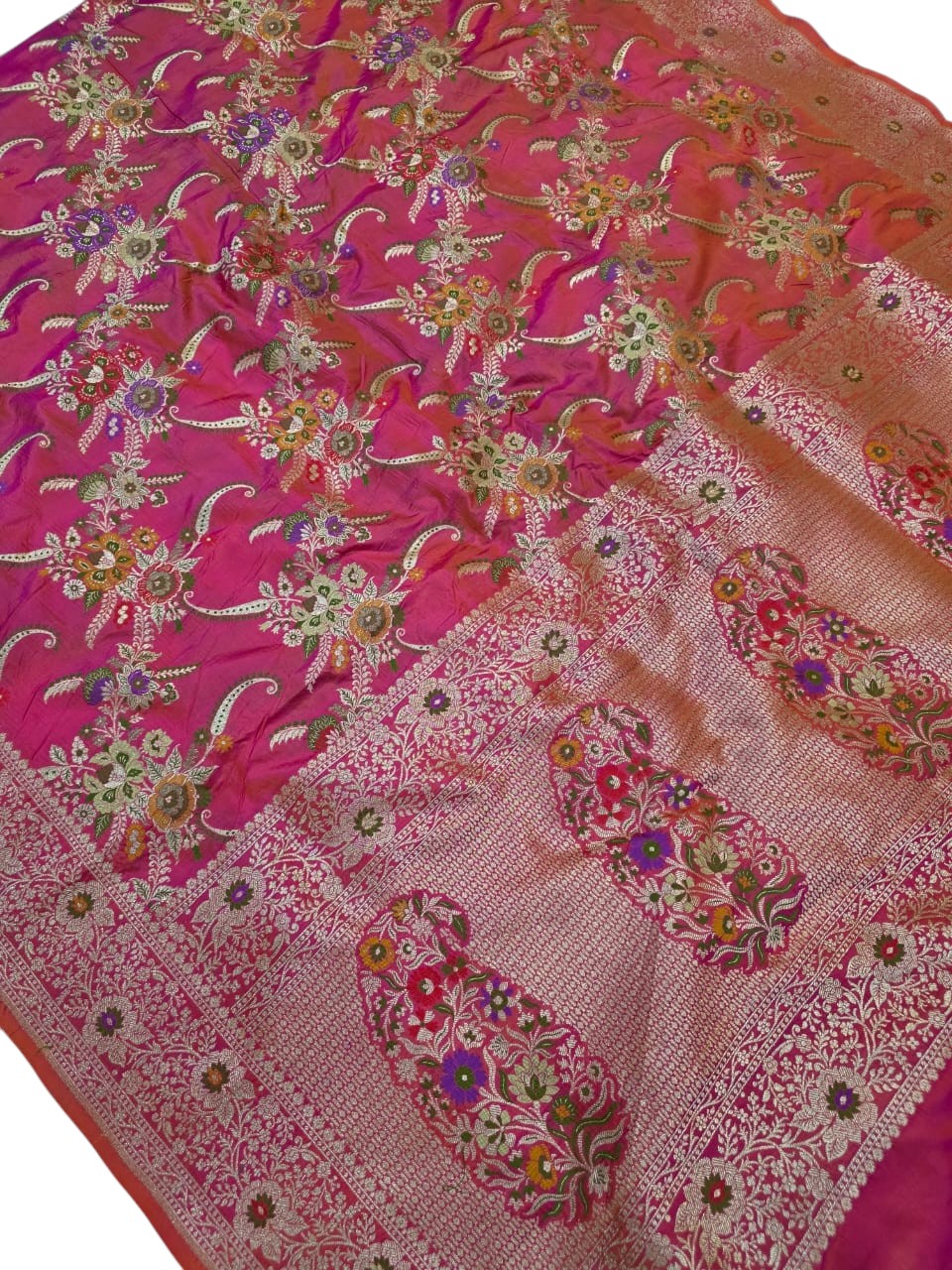 Pink Handloom Banarasi Pure Katan Silk Meenakari Saree - Luxurion World