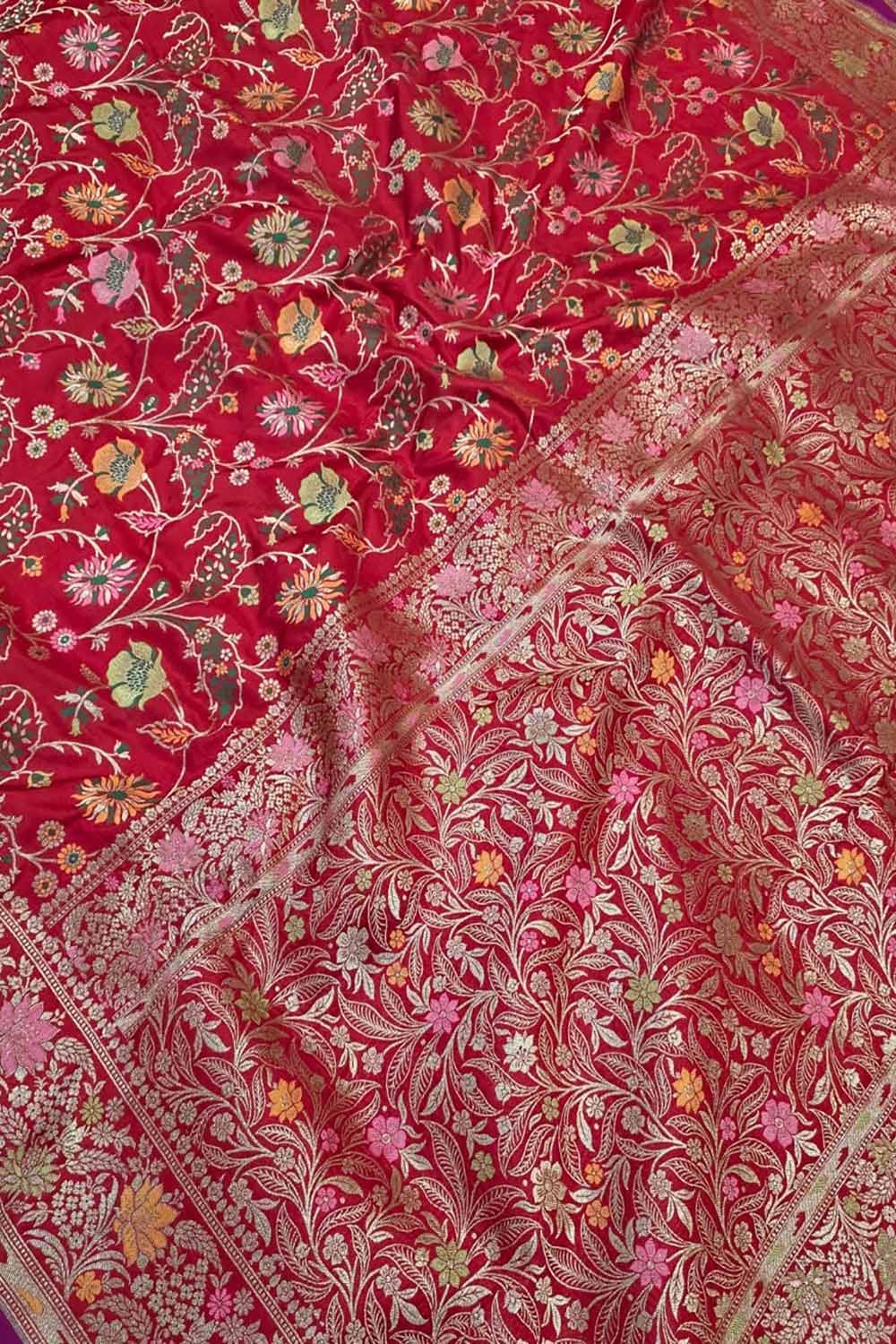 Red Handloom Banarasi Pure Katan Silk Meenakari Saree - Luxurion World