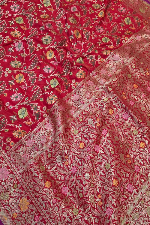 Red Handloom Banarasi Pure Katan Silk Meenakari Saree - Luxurion World