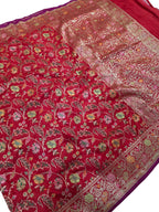 Red Handloom Banarasi Pure Katan Silk Meenakari Saree - Luxurion World