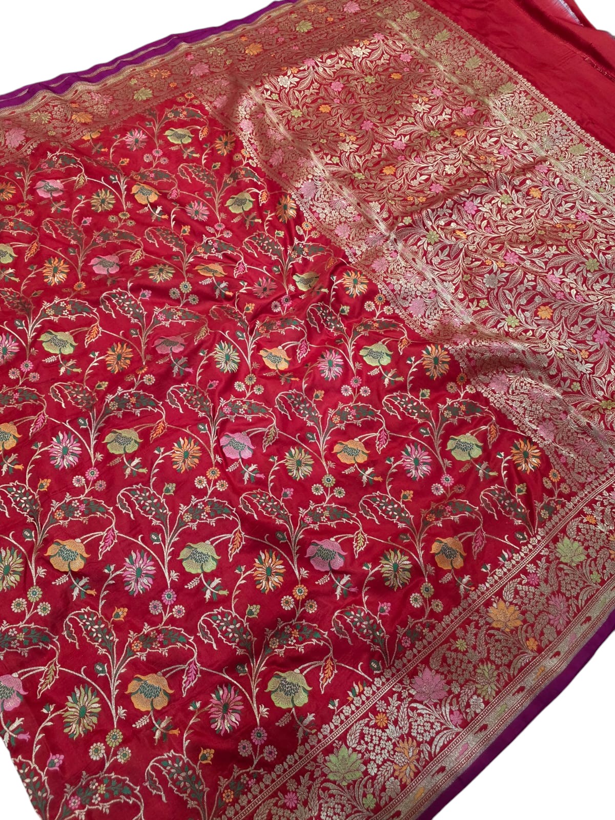 Red Handloom Banarasi Pure Katan Silk Meenakari Saree - Luxurion World
