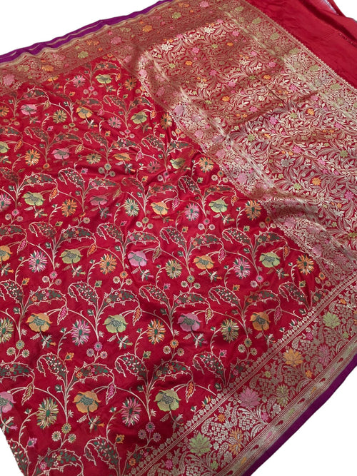 Red Handloom Banarasi Pure Katan Silk Meenakari Saree - Luxurion World