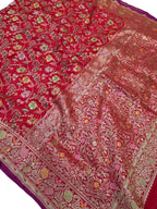 Red Handloom Banarasi Pure Katan Silk Meenakari Saree - Luxurion World