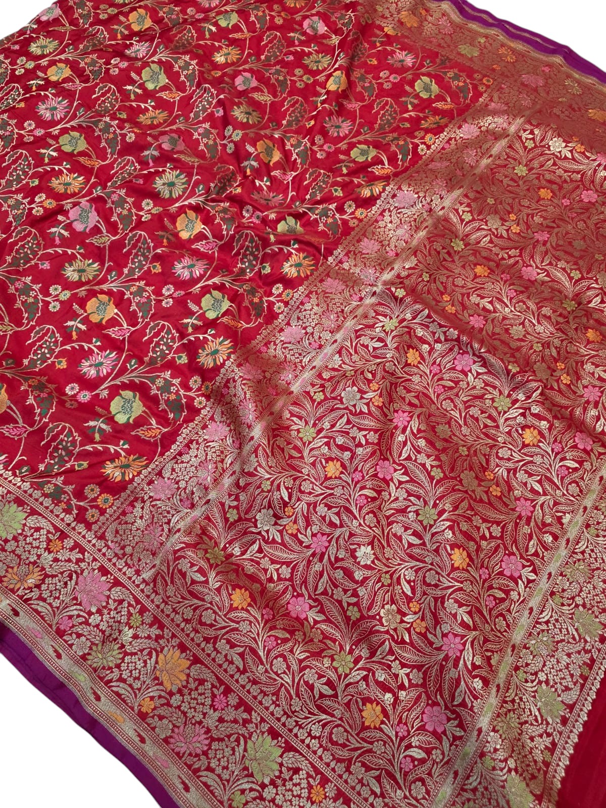 Red Handloom Banarasi Pure Katan Silk Meenakari Saree - Luxurion World