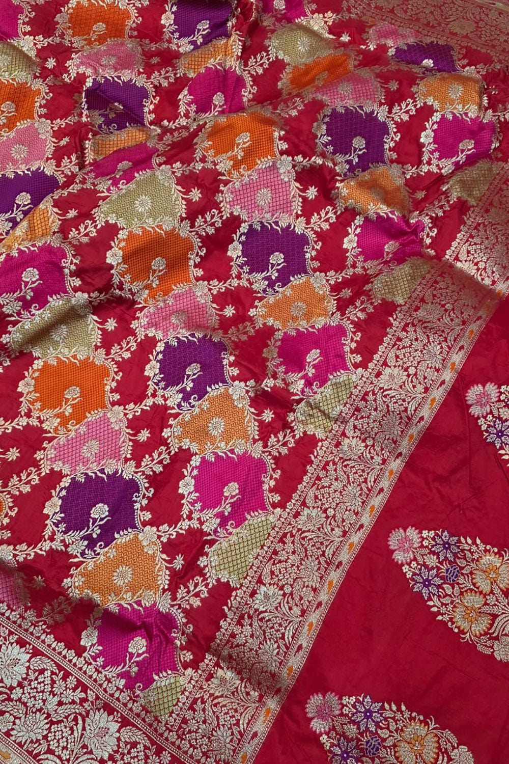 Multicolor Handloom Banarasi Pure Katan Silk Meenakari Rangkat Saree - Luxurion World