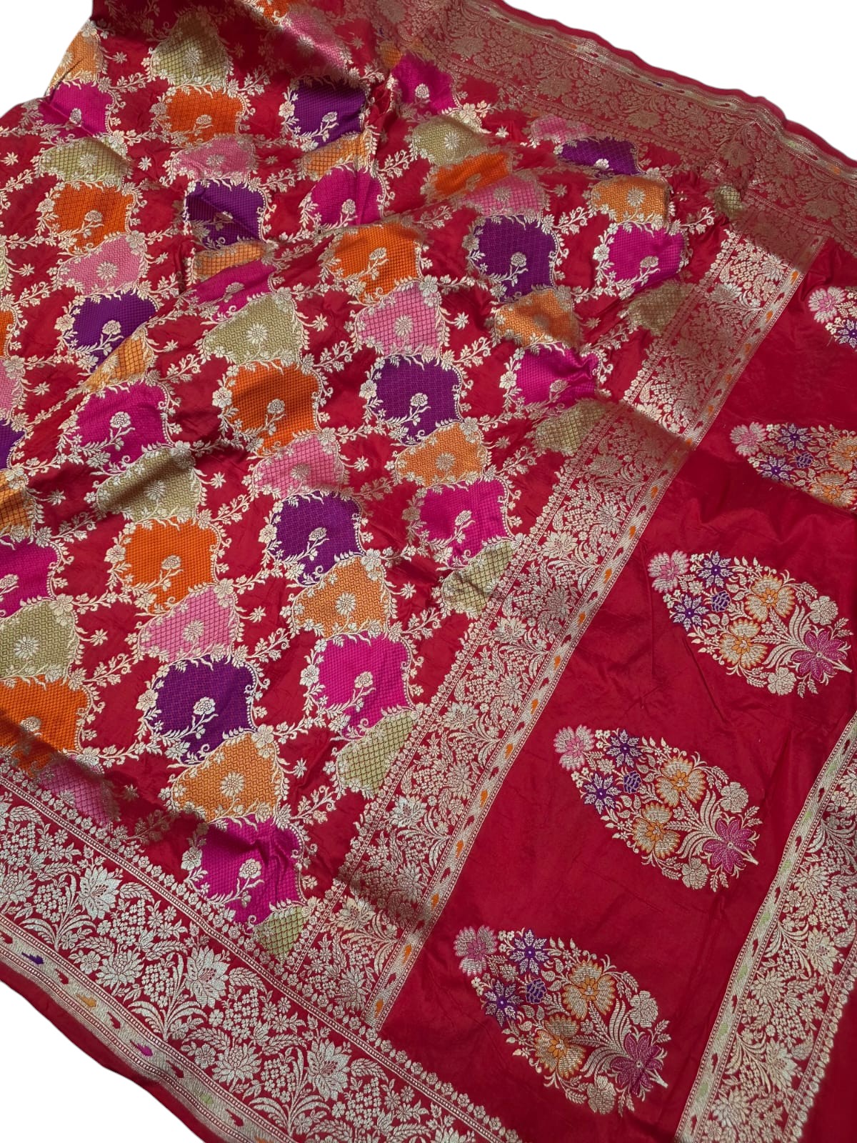 Multicolor Handloom Banarasi Pure Katan Silk Meenakari Rangkat Saree - Luxurion World