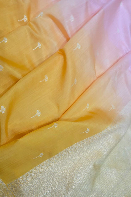 Yellow And Pink Handloom Banarasi Pure Chiniya Silk Saree - Luxurion World