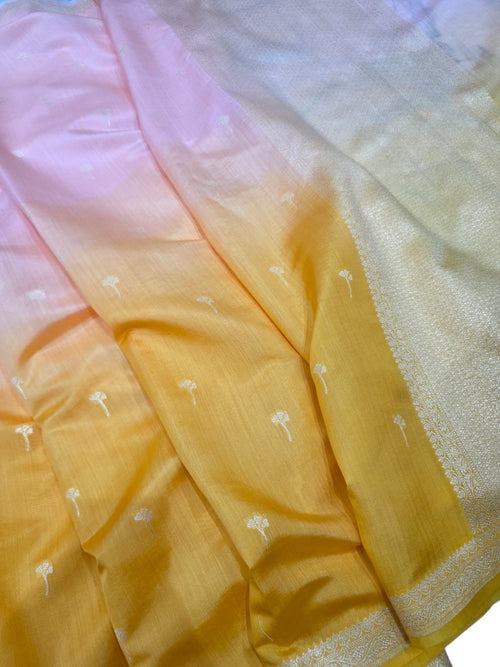 Yellow And Pink Handloom Banarasi Pure Chiniya Silk Saree - Luxurion World