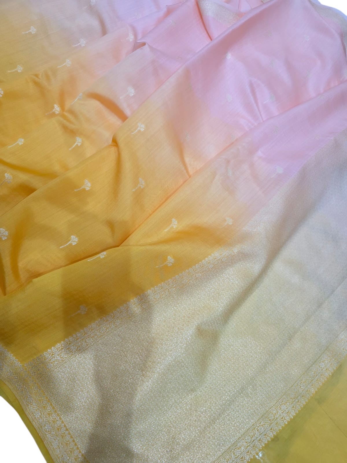 Yellow And Pink Handloom Banarasi Pure Chiniya Silk Saree - Luxurion World