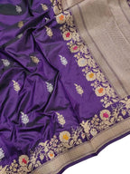 Purple Banarasi Handloom Pure Katan Silk Kadwa Meenakari Saree - Luxurion World