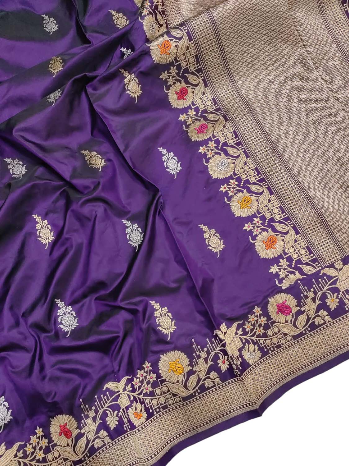 Purple Banarasi Handloom Pure Katan Silk Kadwa Meenakari Saree - Luxurion World